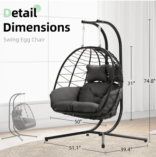Luxury Double Egg Swing Chair, Oversized Hanging Basket Chair for Patio & Garden Lounge