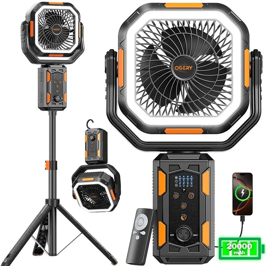 30000mAh Camping Fan, LED Light, Remote Control, Portable