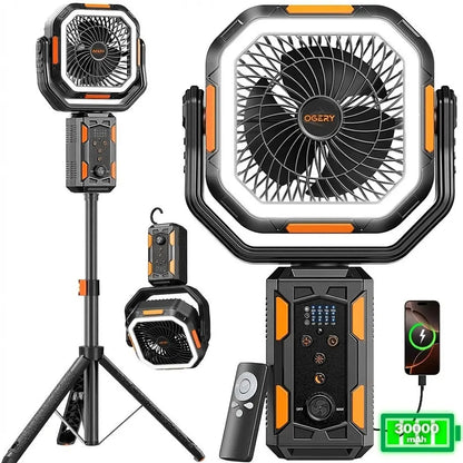 30000mAh Camping Fan, LED Light, Remote Control, Portable