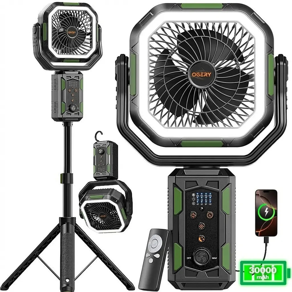30000mAh Camping Fan, LED Light, Remote Control, Portable