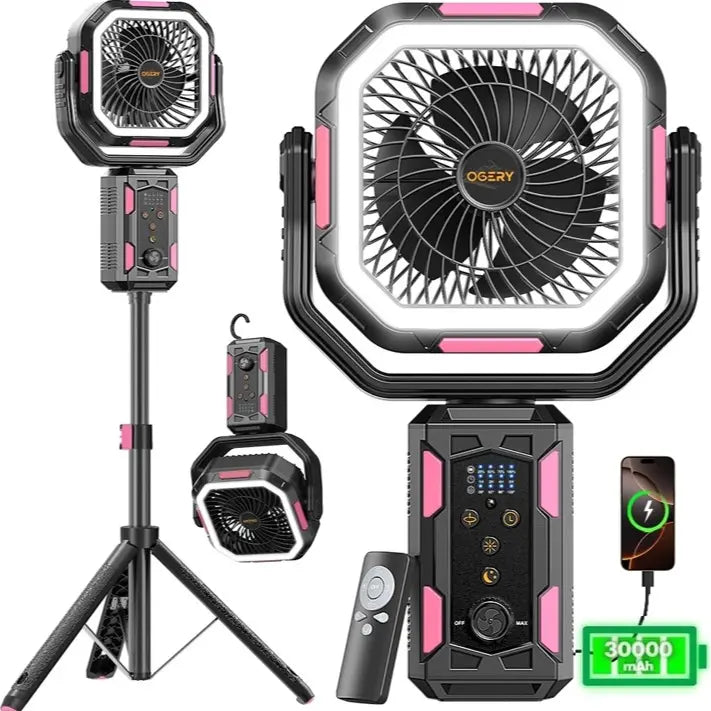 30000mAh Camping Fan, LED Light, Remote Control, Portable