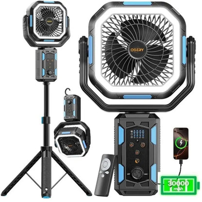 30000mAh Camping Fan, LED Light, Remote Control, Portable