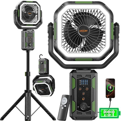 30000mAh Camping Fan, LED Light, Remote Control, Portable