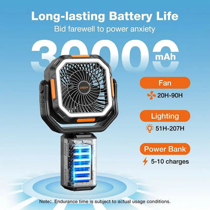 30000mAh Camping Fan, LED Light, Remote Control, Portable
