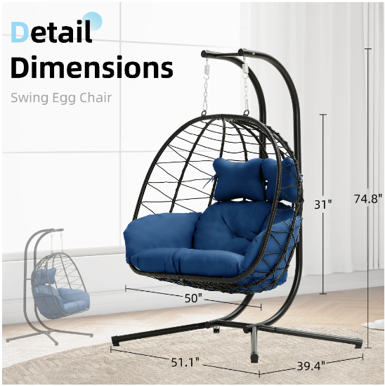 Luxury Double Egg Swing Chair, Oversized Hanging Basket Chair for Patio & Garden Lounge